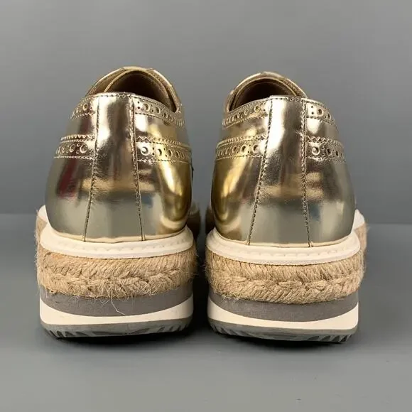 PRADA Size 6.5 Gold Leather Perforated Wingtip Lace Up Shoes - Picture 5 of 8